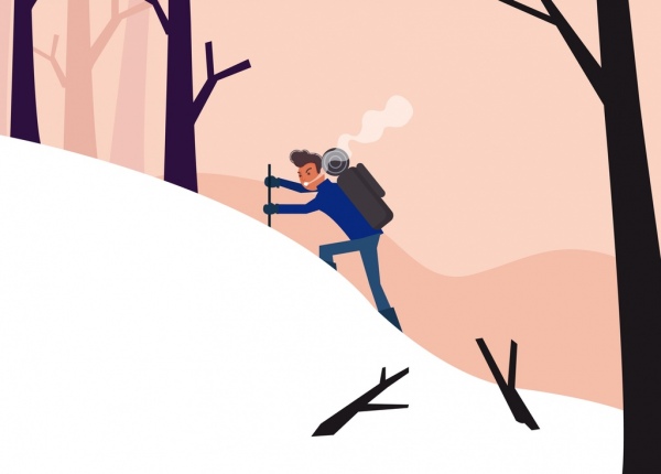 aventura pintar ícones de neve montanha alpinista, personagem de desenho animado