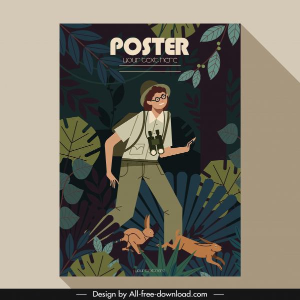приключенческий плакат исследователь человек лесные кролики иконки