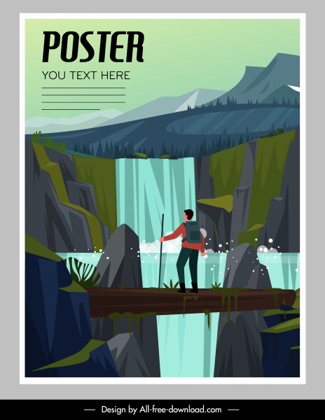 cartel de aventura excursionista cascada boceto diseño de dibujos animados