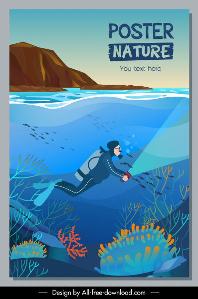 어드벤처 포스터 템플릿 다이빙 활동 스케치 다채로운 디자인