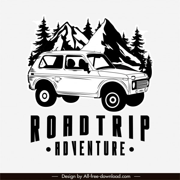 Abenteuer Road Trip Banner schwarz weiß klassisches Design