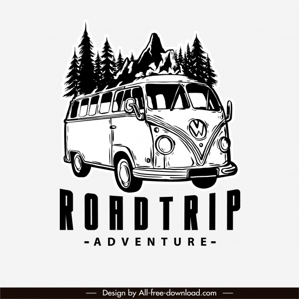 adventure road trip logo sketsa bus klasik