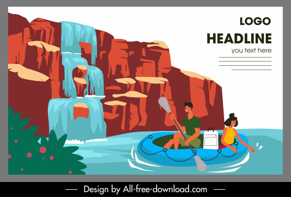 adventure travel banner cascata de barco atividade desenho animado