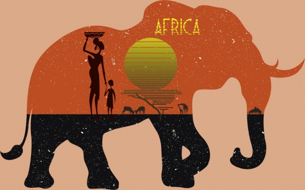África propaganda povo tribal sol terra elefante ícones