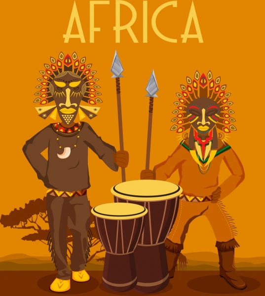 Afrique Publicité Bannière Tribal Gens Masque Icônes Décor