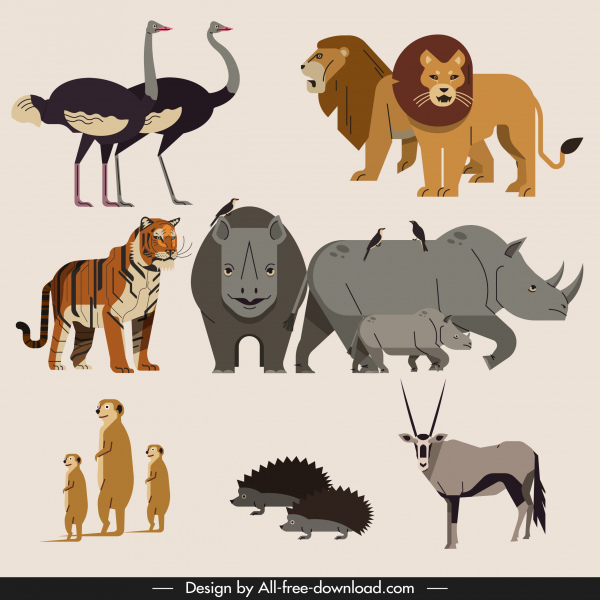 afrika hayvanları simgeleri renkli klasik eskiz