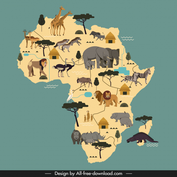 elementi di animali sfondo Africa mappa schizzo