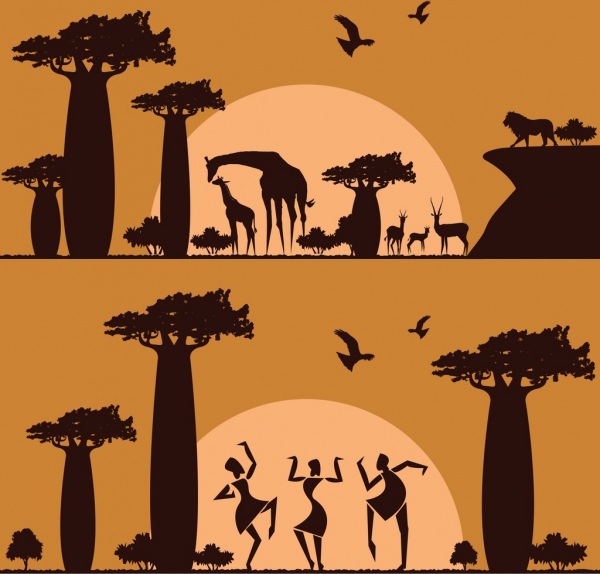 아프리카 배경 설정 동물 땅 인간의 실루엣 디자인