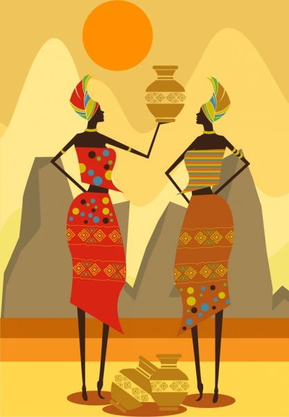 ícones tribo vaso da mulher de África fundo amarelo design