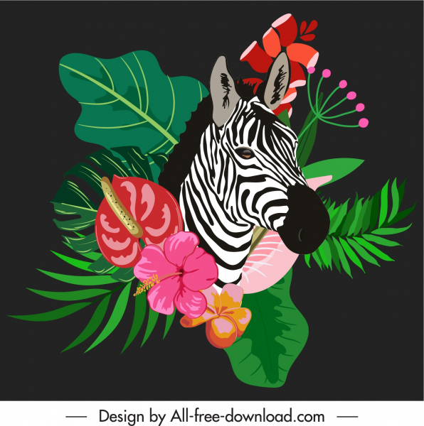 Afrika Dekor Vorlage Zebra Blumen Blätter Skizze