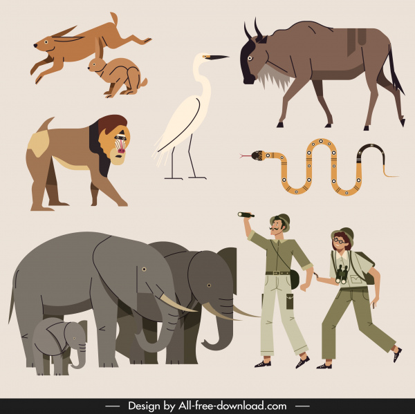 Afrique éléments de conception animaux explorateurs icônes croquis
