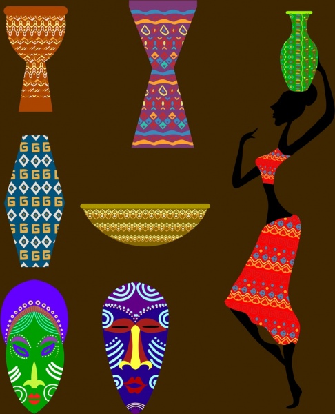 Afryki projektowania elementów kolorowe symbole płaskie izolacji