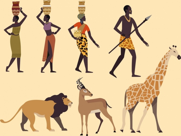 África design elementos tribais de animais humanos ícones
