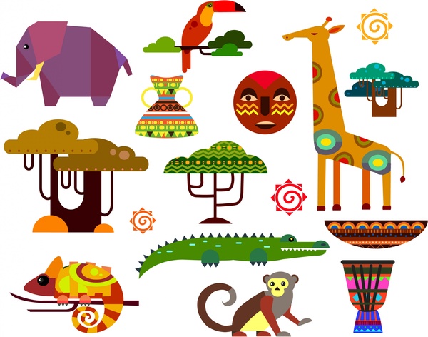 Afrika-Symbole Illustration mit flachen Tiere und Bäume