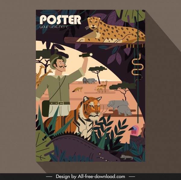 Afrika Poster Vorlage Explorer Wildtiere Icons Skizze