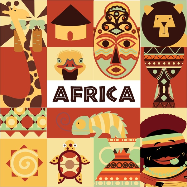 simbol-simbol Afrika yang terisolasi dengan desain warna-warni