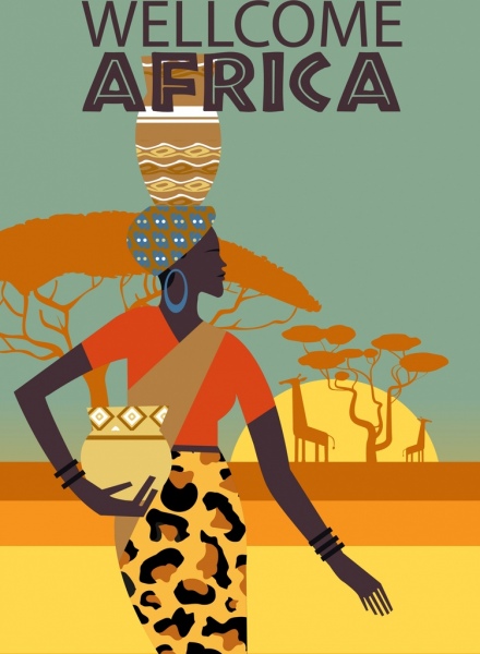 afryka turystyki banner plemienne kobieta figurki zwierząt lądowych