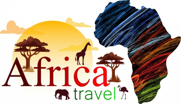 Африке путешествия реклама карта земли силуэт животных значки