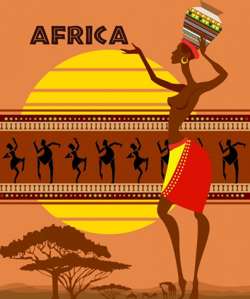 아프리카 부족 배경 초원 아이콘 인간의 장식 춤