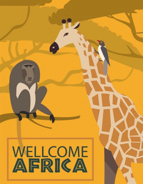 非洲歡迎旗幟猴長頸鹿鳥圖標裝潢