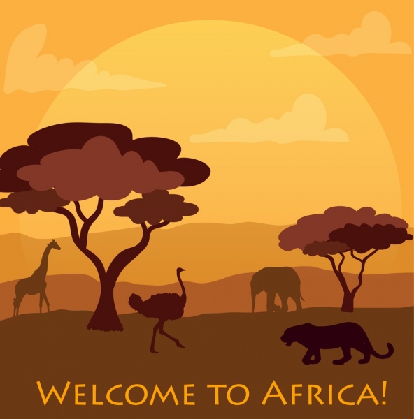 非洲歡迎橫幅卡通剪影風格動物圖標