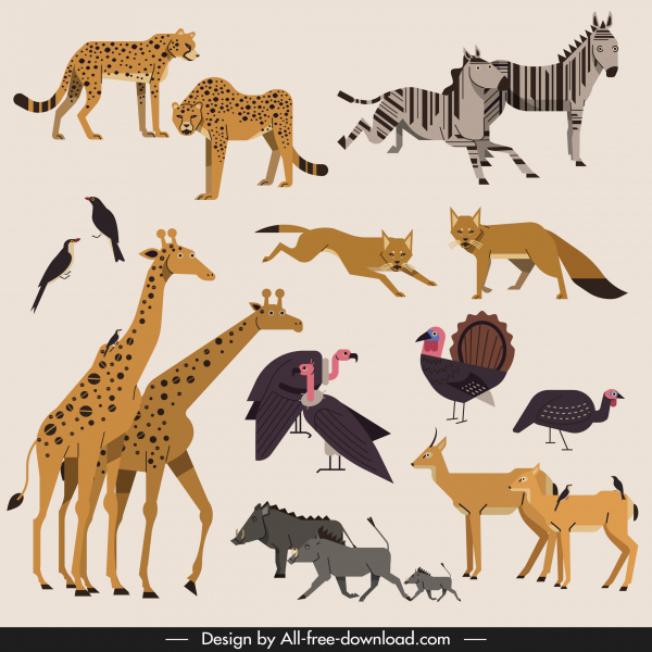 afrika vahşi hayvanlar simgeleri renkli klasik tasarım