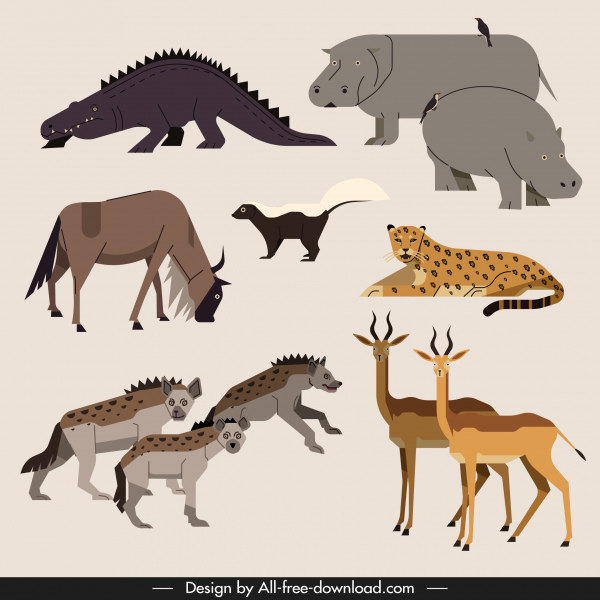 africa animales salvajes iconos coloreados boceto clásico