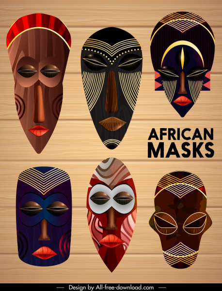máscaras africanas modelos coloridos de rostos assustadores esboço