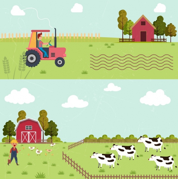 exploração agrícola trabalho ícones de gado de pasto de agricultor desenhos