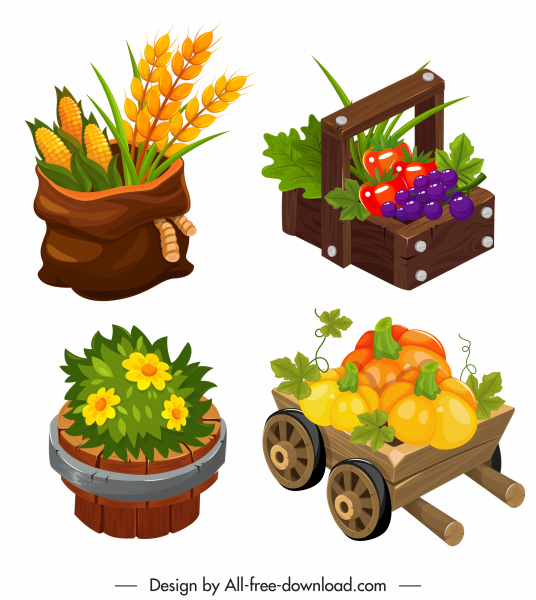 ikony produktów rolnych kolorowy klasyczny szkic 3D