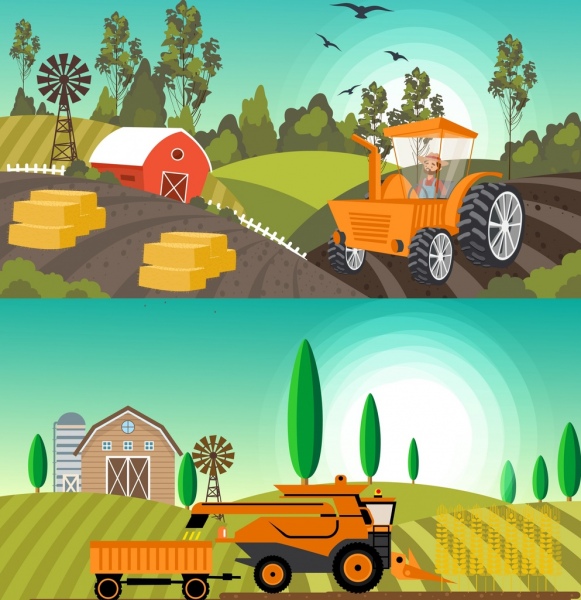 Agricultura background conjuntos de máquinas campo iconos de dibujos animados de colores
