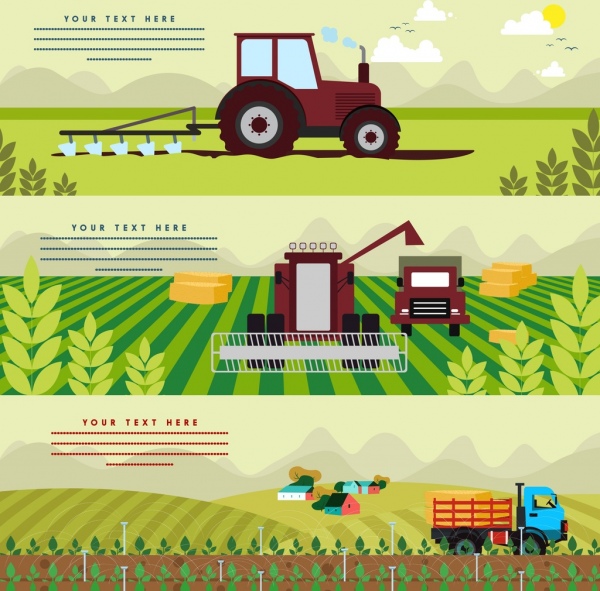 Agricultura banner conjuntos máquina auto cultivo iconos