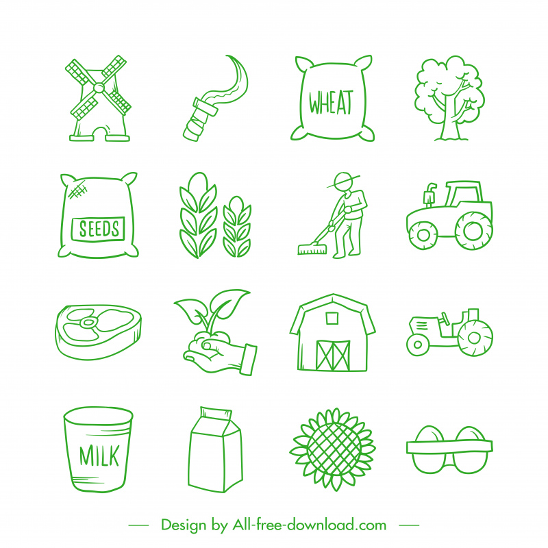 agricultura doodle ícone define plano clássico desenhado à mão símbolos esboço