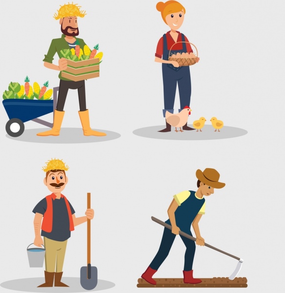 ícones de agricultor de agricultura colorido projeto dos desenhos animados