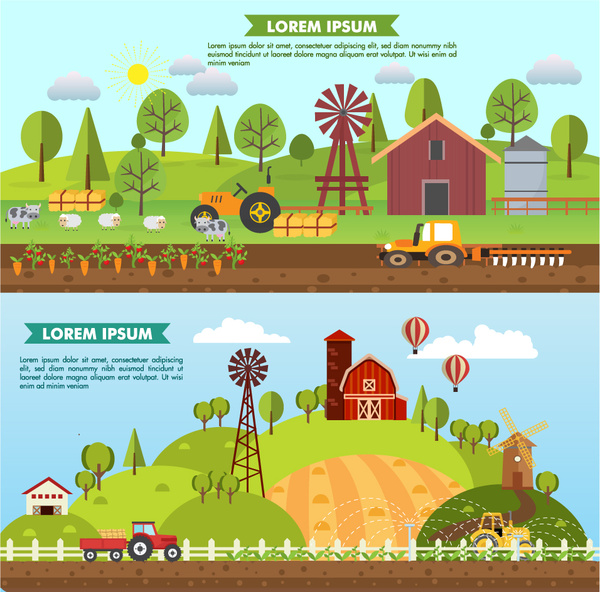 Сельское хозяйство, земледелие векторные иллюстрации в цветные стиле