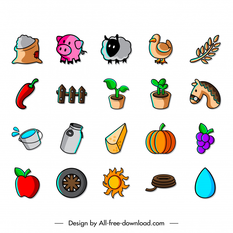 Icônes de l’agriculture ensembles dessinés à la main coloré symboles classiques croquis