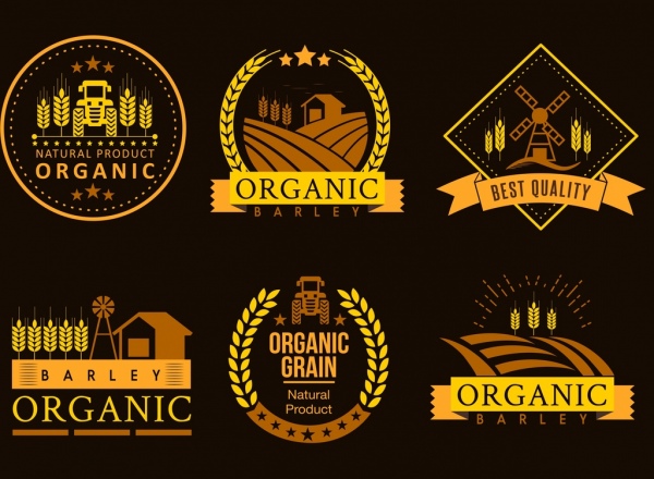Agricultura, producto logotipos diseño iconos oscuro campo de cebada