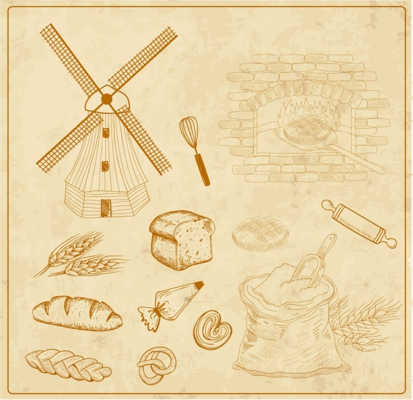 농업 제품 배경 밀가루 빵 아이콘 클래식 디자인