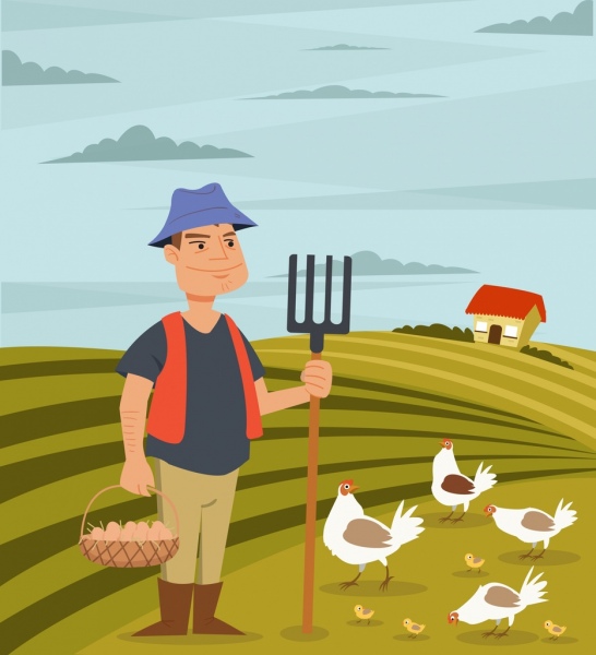 農業作業図面農家養鶏アイコン カラー漫画
