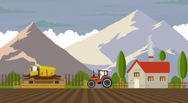Trabajo dibujo de maquinas de agricultura montaña campo iconos