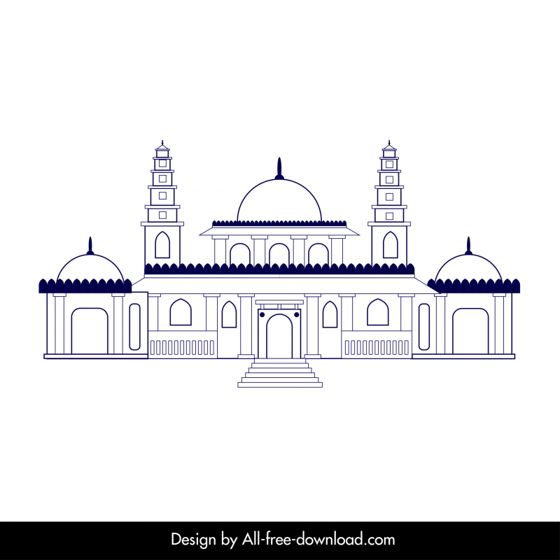 Modèle d’architecture de bâtiment Ahmedabad contour plat noir blanc