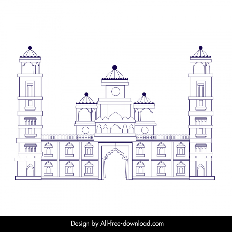 Ahmedabad-Gebäudevorlage symmetrischer schwarz-weißer Umriss
