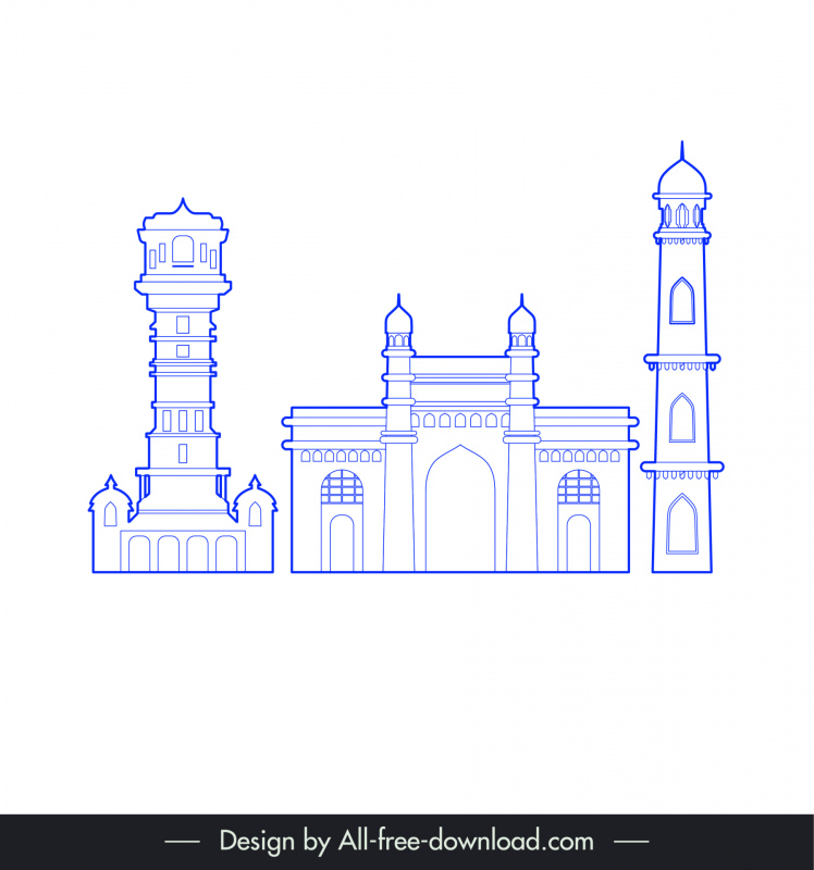 Ahmedabad Inde bâtiments architecture modèle bleu blanc contour plat