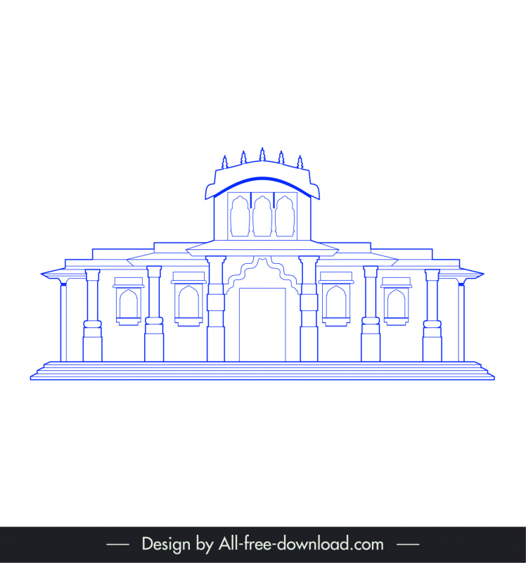 Ahmedabad India Buildings Architecture Template Blue White Symmetric Flat Outline