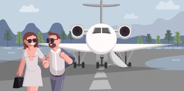 空気旅行背景カップル飛行機アイコン漫画デザイン