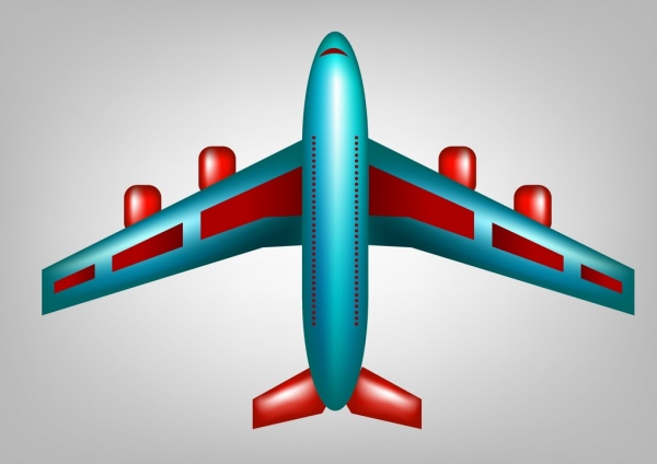 Máy bay được thiết kế theo phong cách hoạt hình phác biểu tượng màu xanh đỏ.