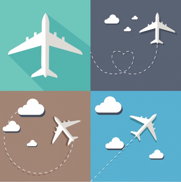 Koleksi sketsa ikon pesawat terbang rute dekorasi