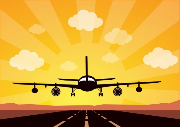 самолет посадки на взлетно-посадочной полосы тема красочные эскиз