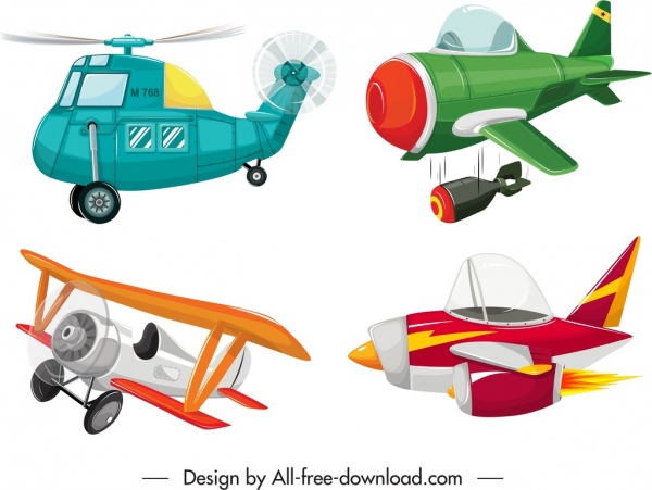 Ícones de aviões modelos de esboço de movimento colorido