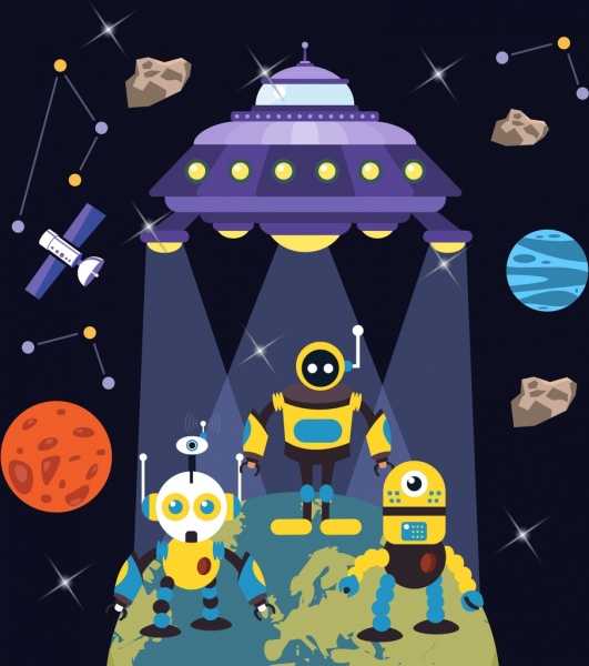 Alien Sie-Roboter ufo Symbol Cartoon Hintergrunddesign